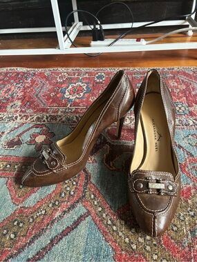 Alexandra Neel Chocolate Brown Leather Pointed-Toe Heels with Buckle